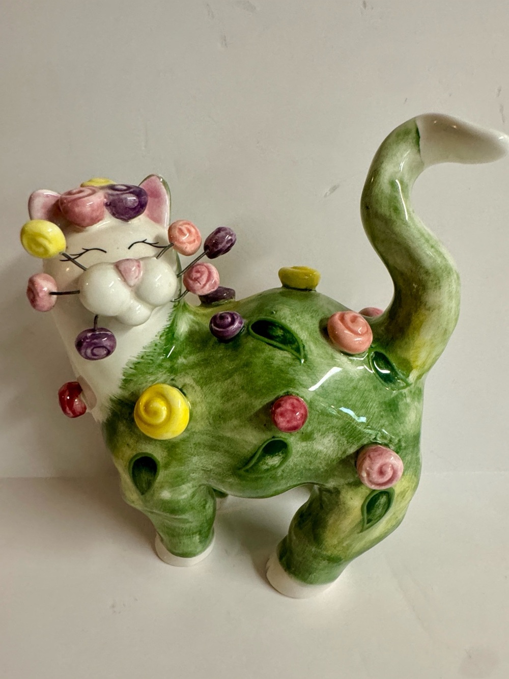 Vintage Lacombe Ceramic Green Cat Figurine with Colorful Flower Accent